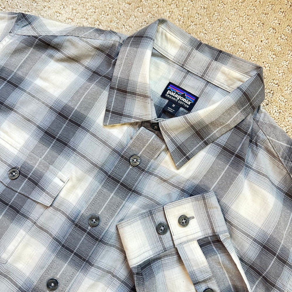 Patagonia Buckshot Shirt Mens Medium Grey‎ Plaid Button Cotton Long Sleeve
